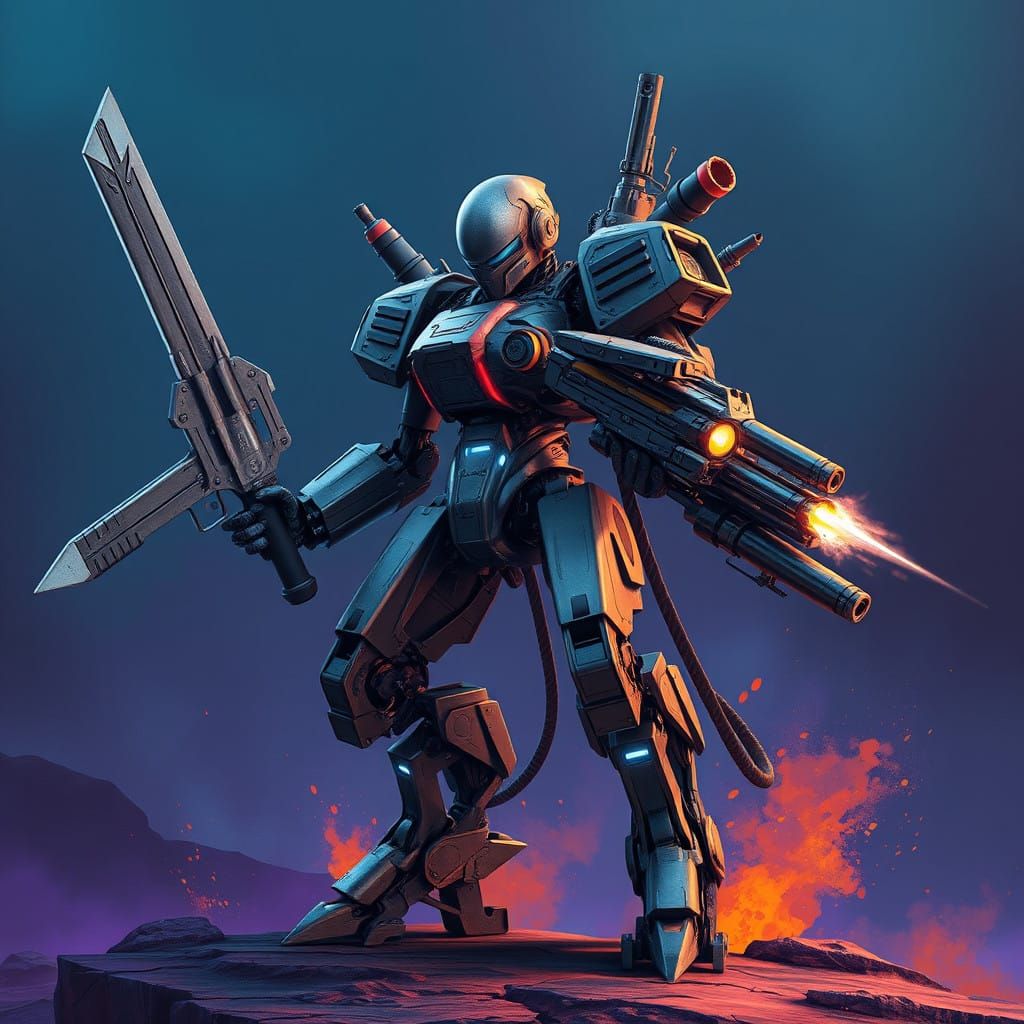 Epic Futuristic Robot Wields Arsenal in Dystopian Landscape
