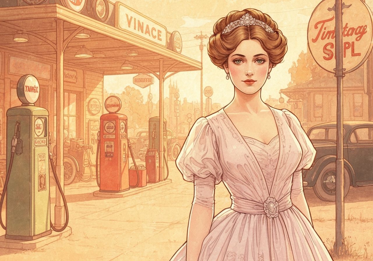 Vintage Pin-Up Girl at Gas Station, Art Nouveau Style