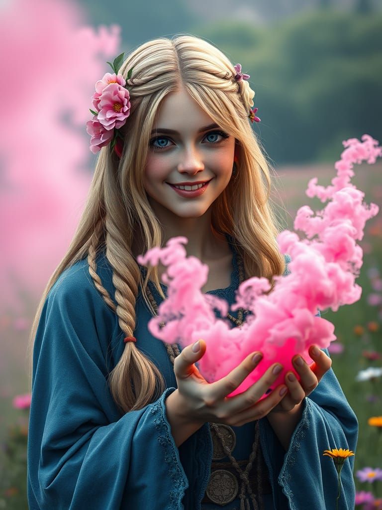 Ancient Fantasy Druidess in a Field of Blooms