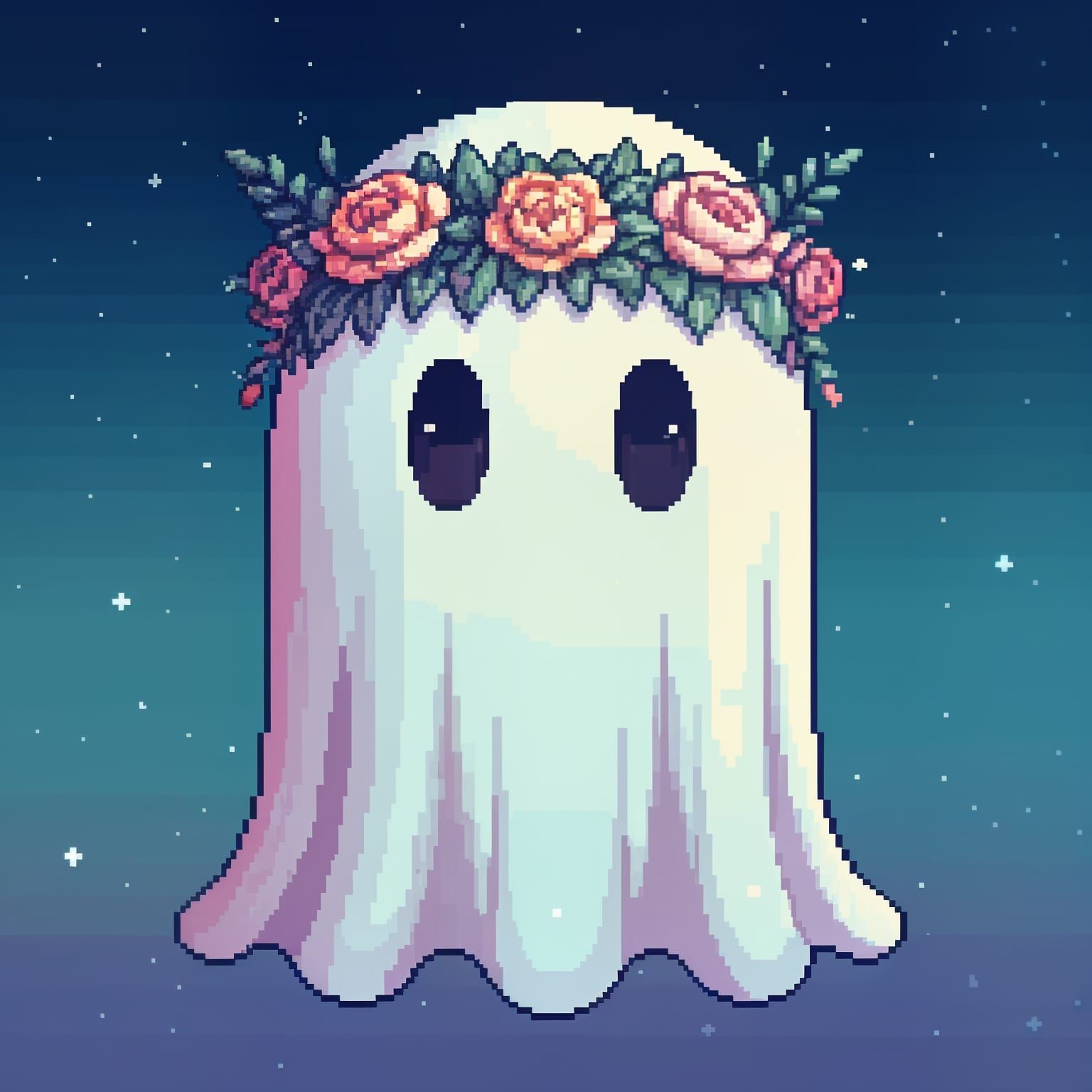 Cute Ghost with Flower Crown Pixel Art