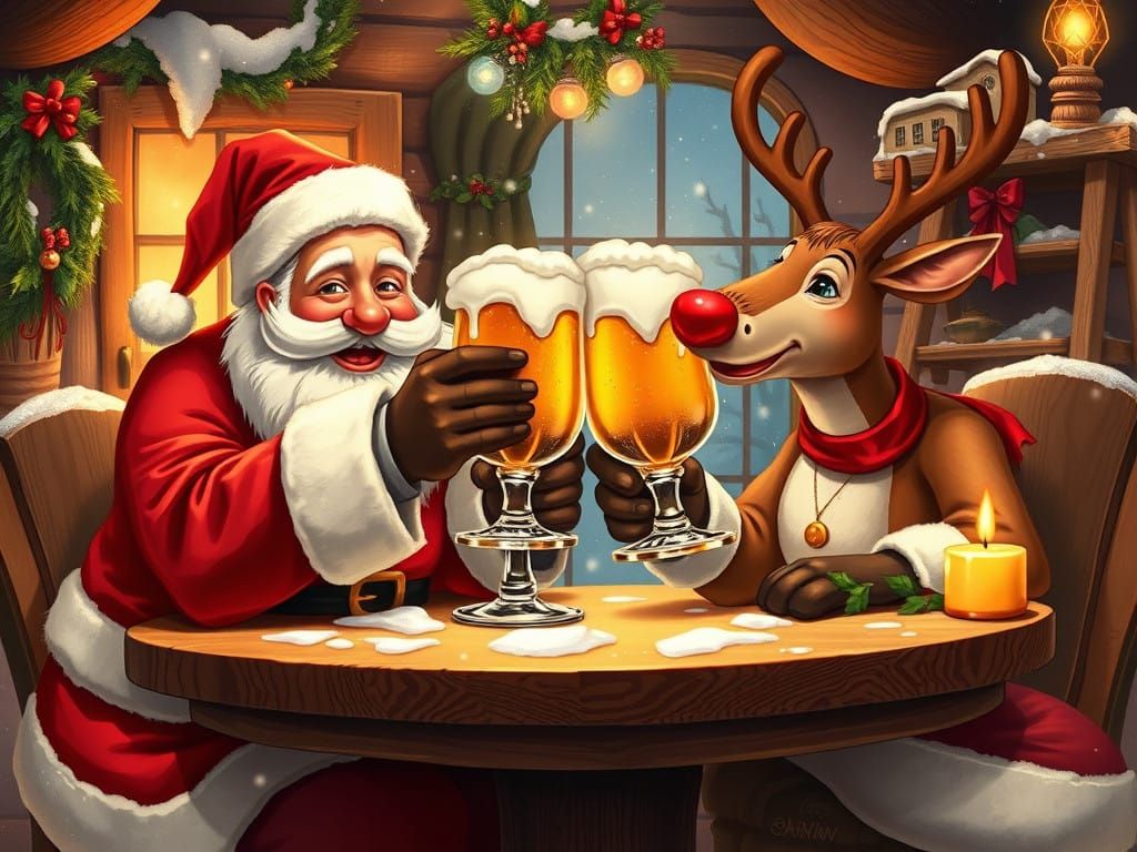 Santa and Rudolph Raise Frothy Mugs in Cheerful Holiday Toas...