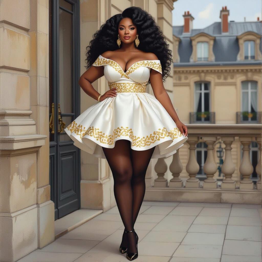 Elegant Plus Size Woman on Parisian Balcony Oil Painting