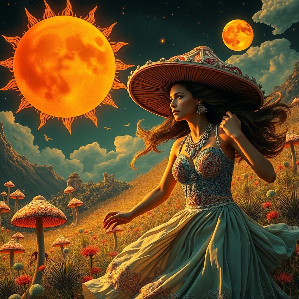 Woman Runs Between Sun and Moon in Ornate Digital Art
