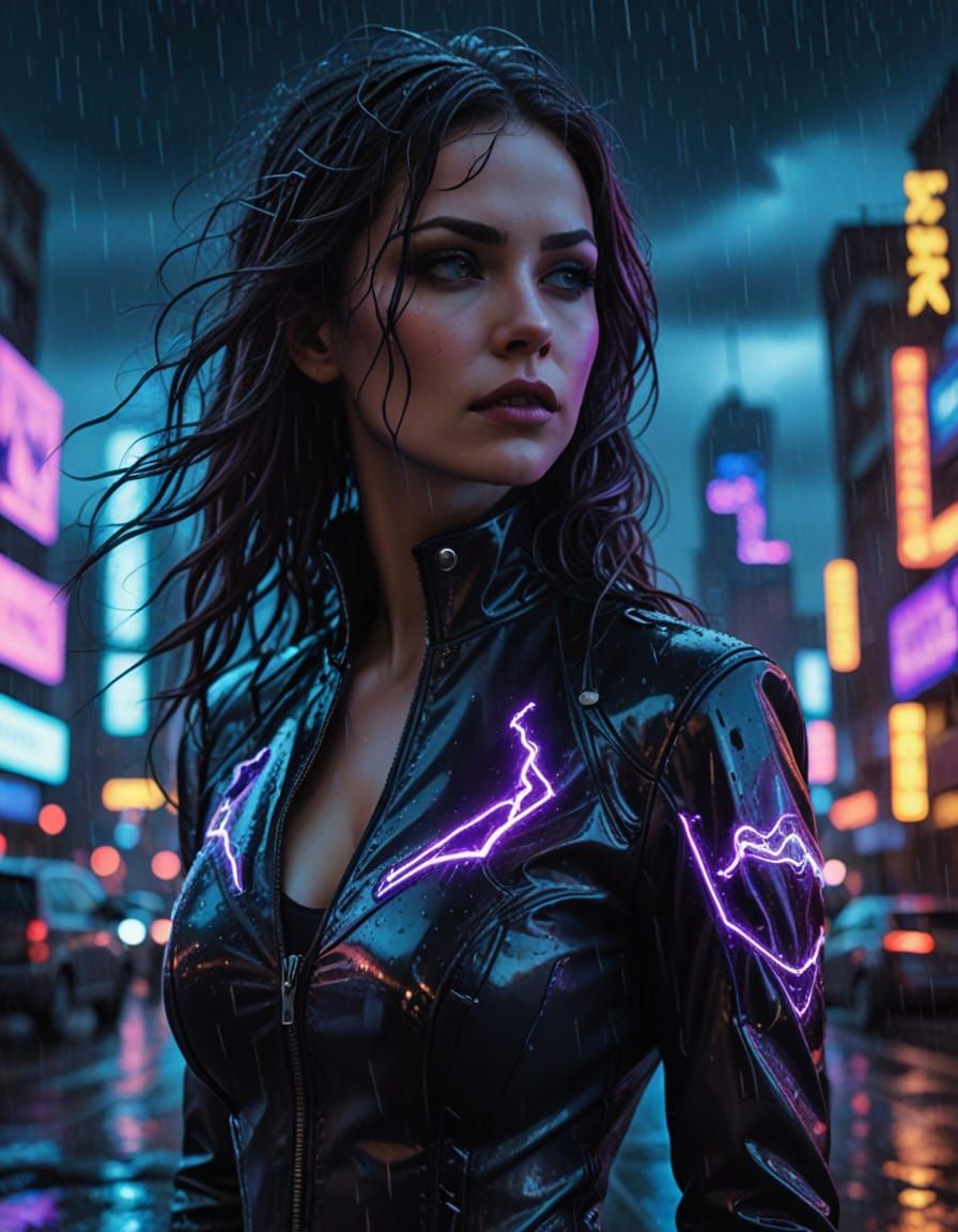Gothic Sci-Fi Woman Floating Over City in Neon Rain