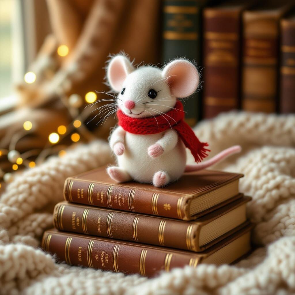 Whimsical Felted Mouse on Books, Cozy Art