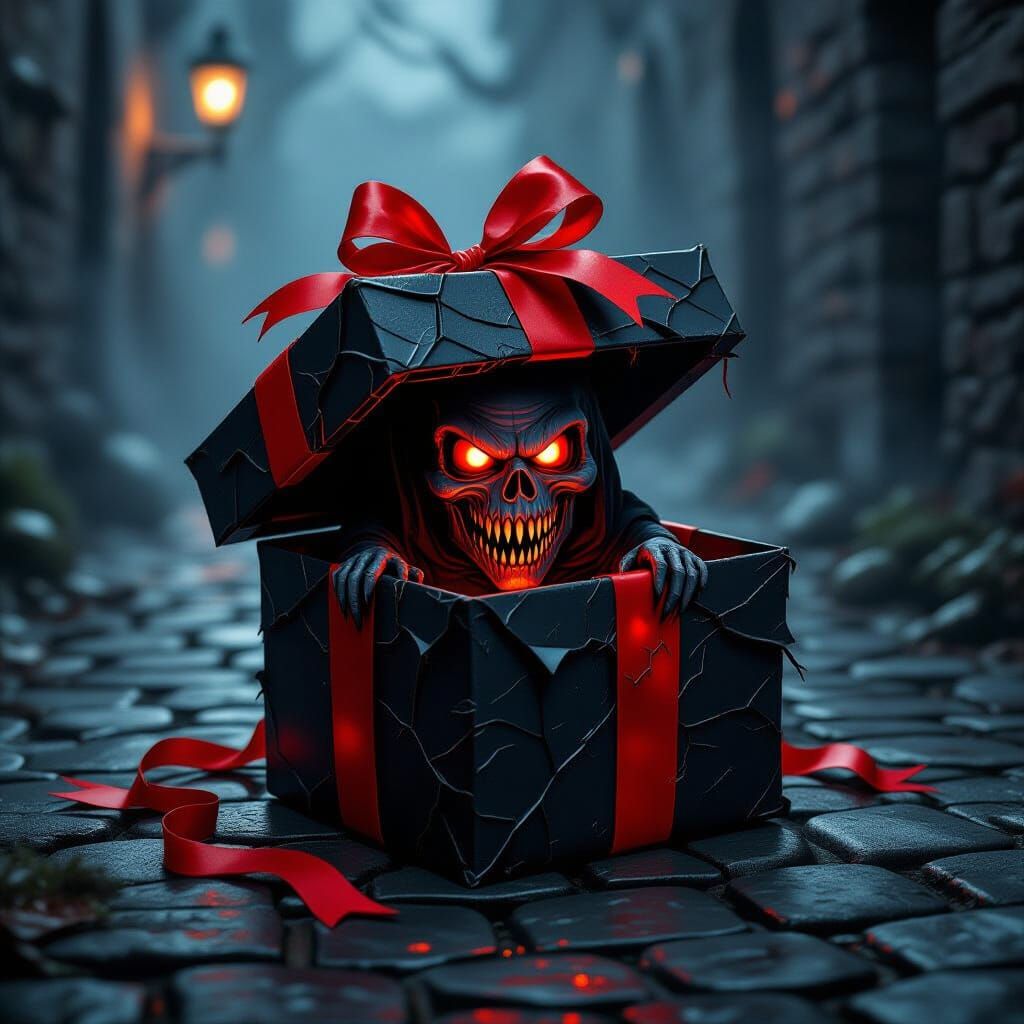 Fanged Birthday Present with Glowing Eye in Dark Fantasy Sty...