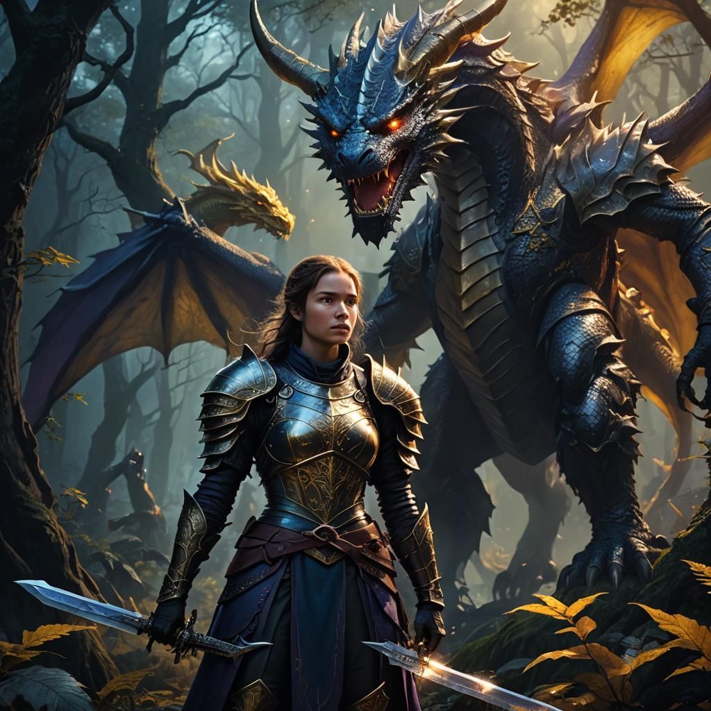 Woman Knight Dragon Confrontation in Dark Fantasy Style