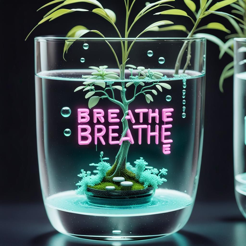 Neon "Breathe" Sign Reflected in Water Glass
