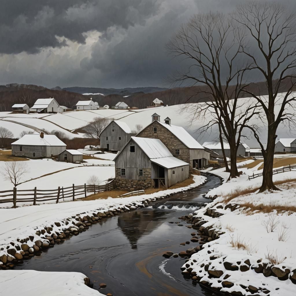Winter Amish Farm in the Style of Realism