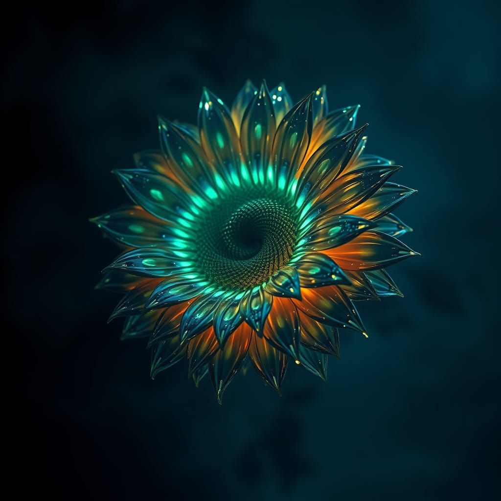 Bioluminescent Chrome Sunflower in Misty Void