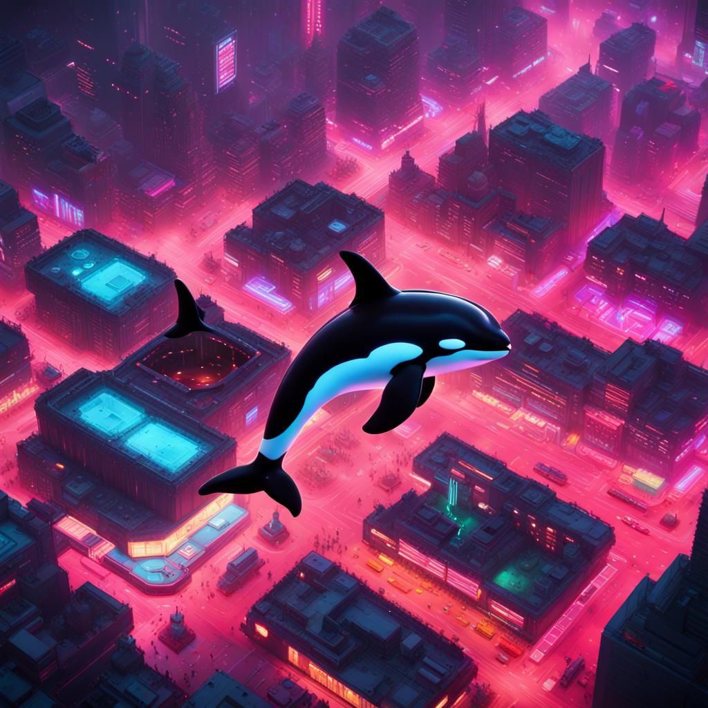 Killer Whale in Cyberpunk Dark Paradise: 8-bit Oil Painting