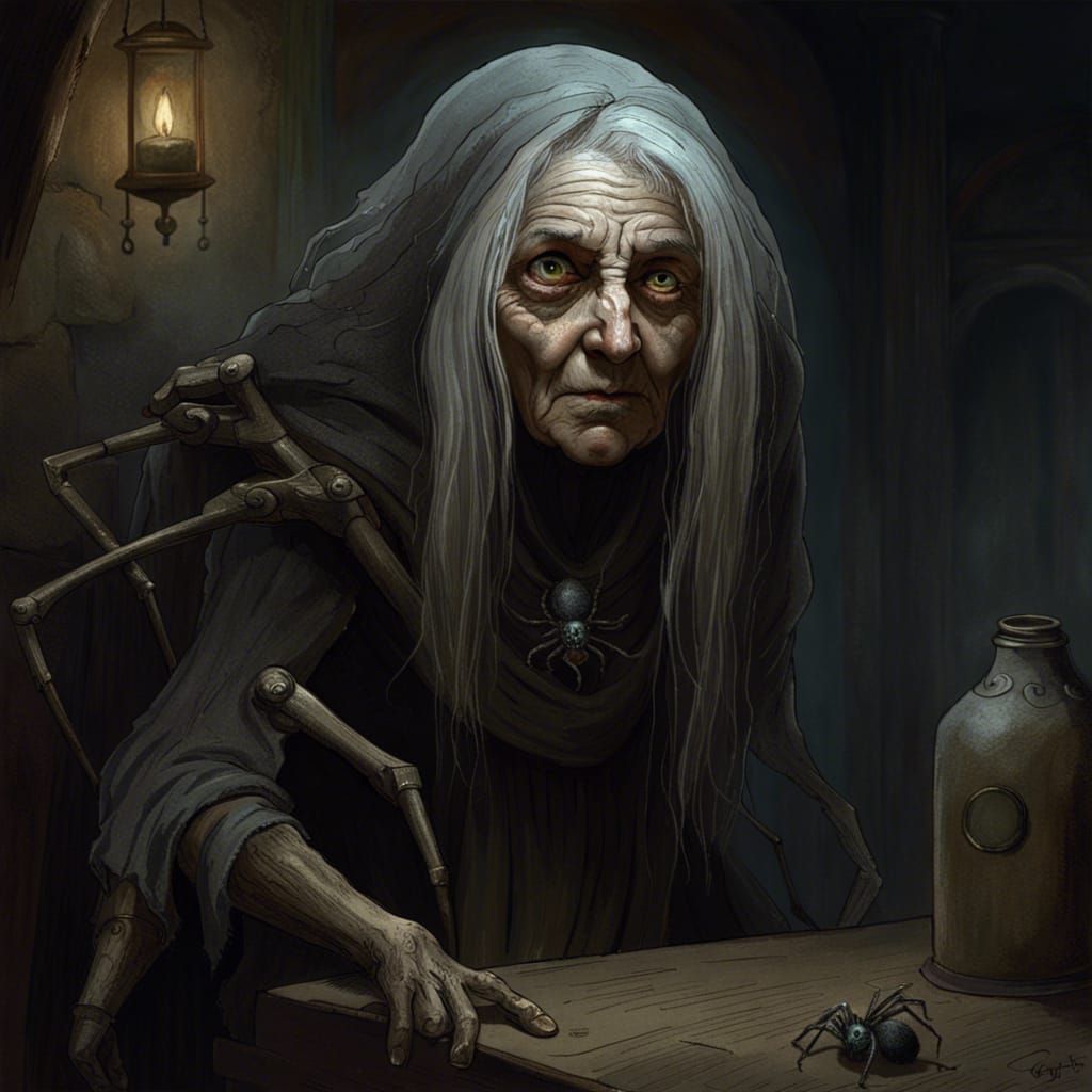 Scary Spider Woman in Medieval Inn: Horror Art