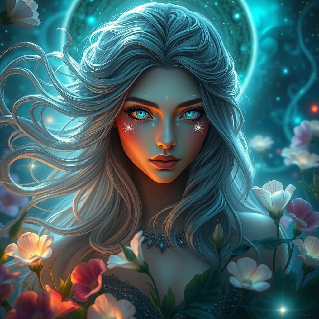 Mysterious Goddess of Obscurity in Dreamy Night Garden