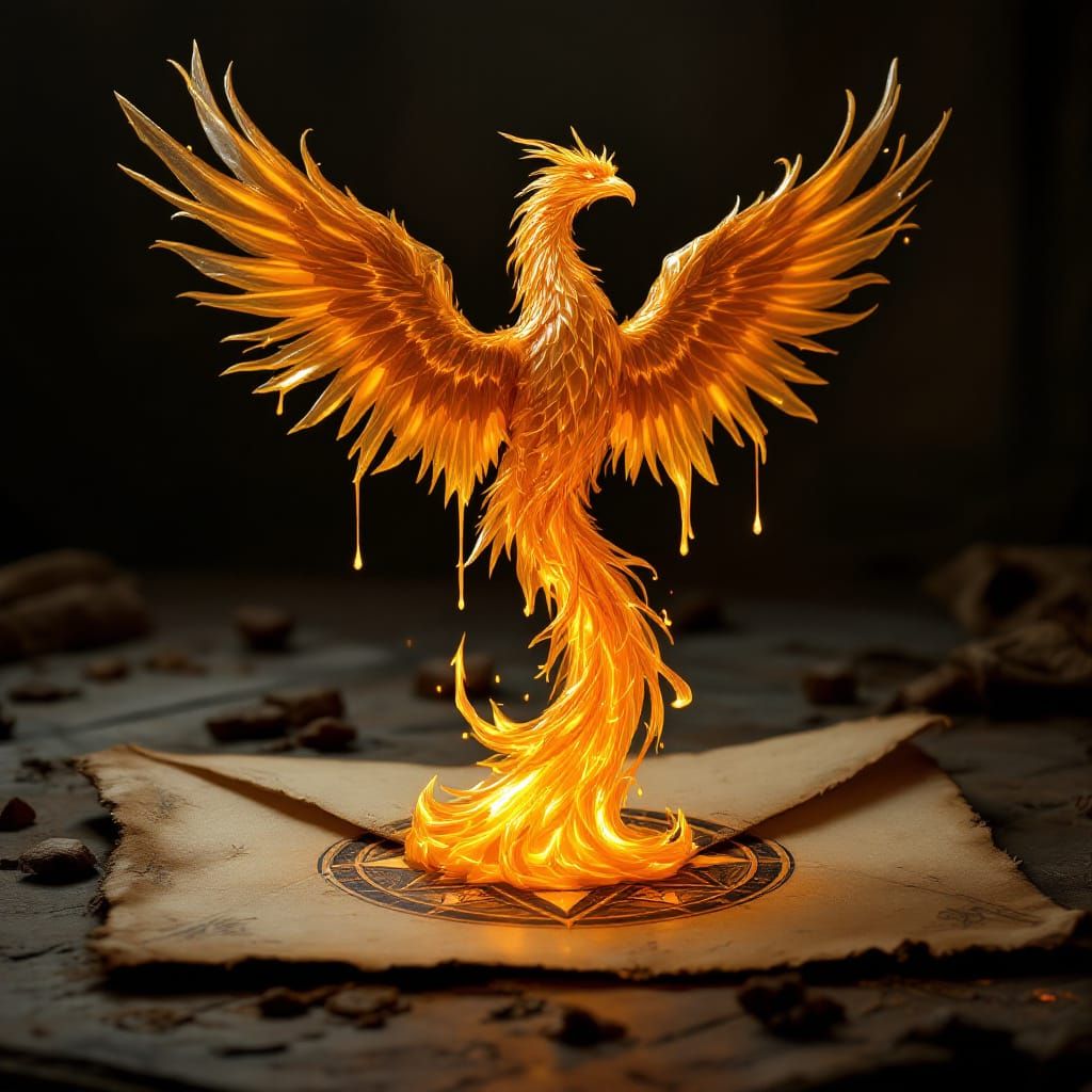 Hyperrealistic Wax Phoenix on Ancient Parchment Sigil