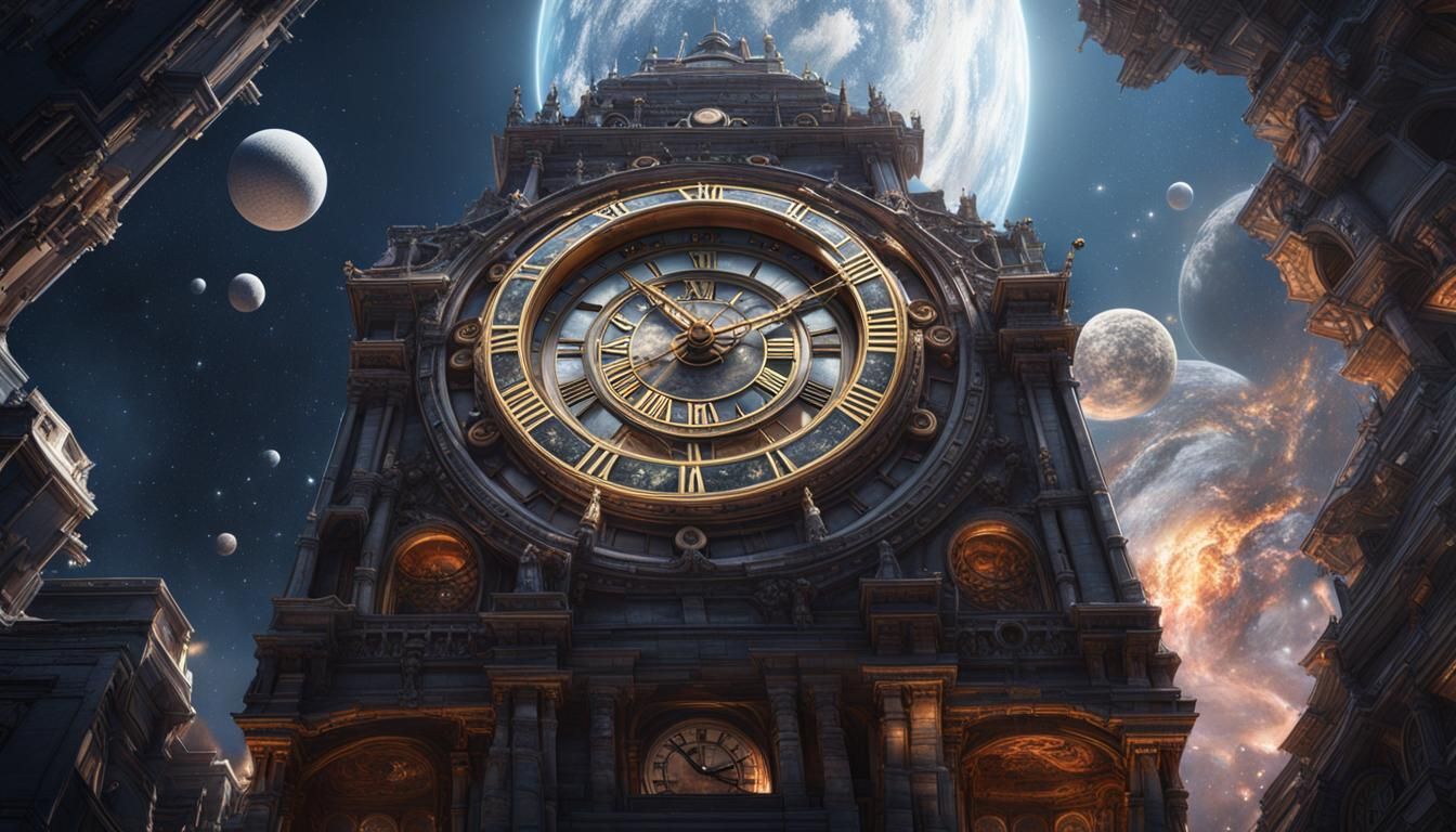 Surreal Clock Tower in Space: Digital Art in 8K