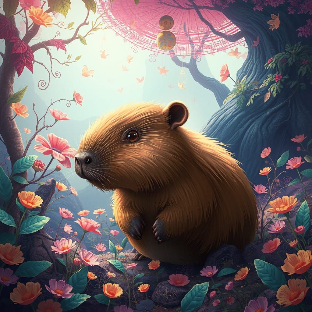 Whimsical Capybara in a Dreamlike Landscape