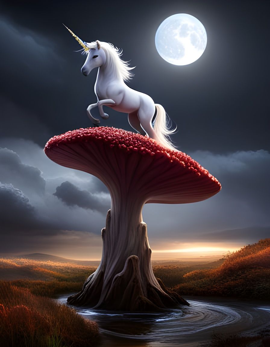 Unicorn and Mushroom in Cartoon Style