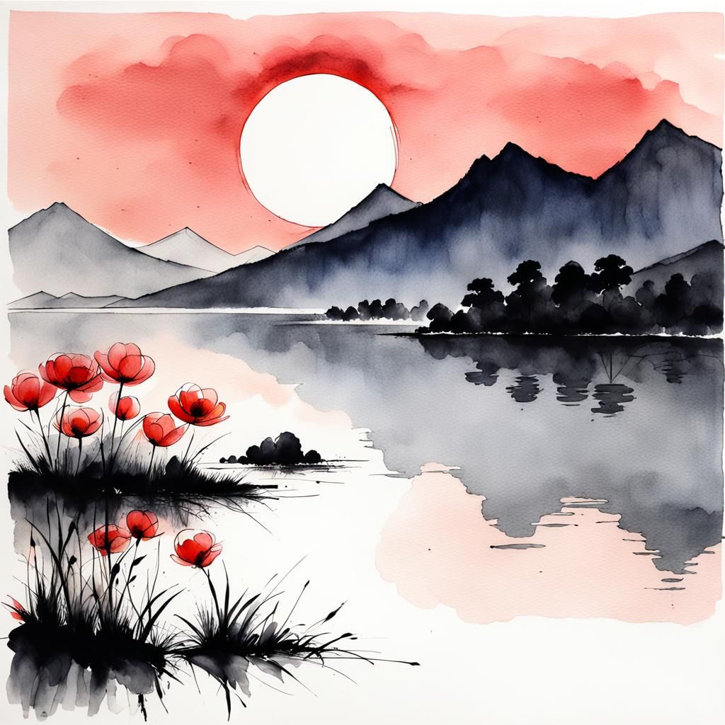 Minimalist Red Chinese Ink Landscape with Moonrise