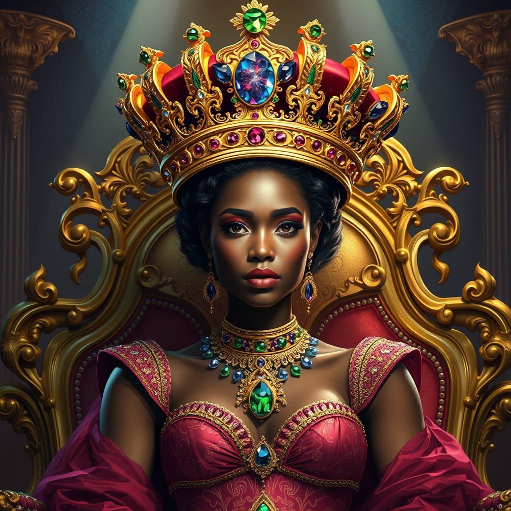 Regal Queen with Jewel-Encrusted Crown on Throne