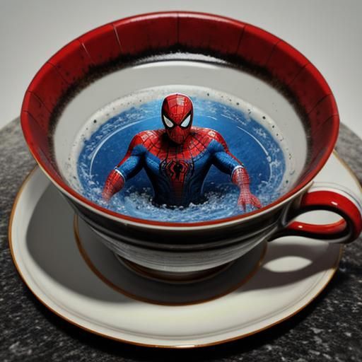 Spiderman bathing inside a fancy teacup