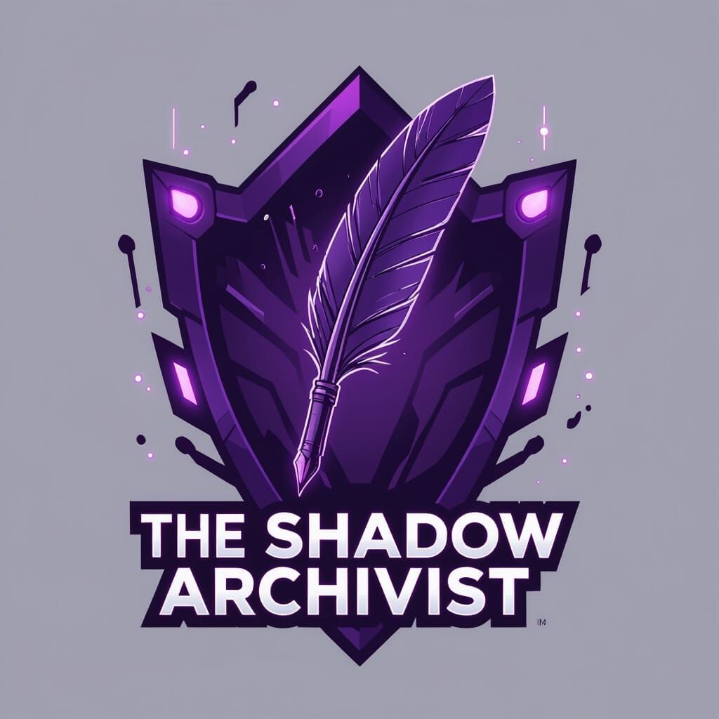 Shadow Archivist Futuristic Logo with Purple Feather Pen