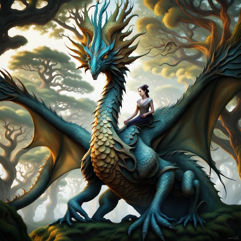 Pixie Child Riding Dragon in Ethereal Forest