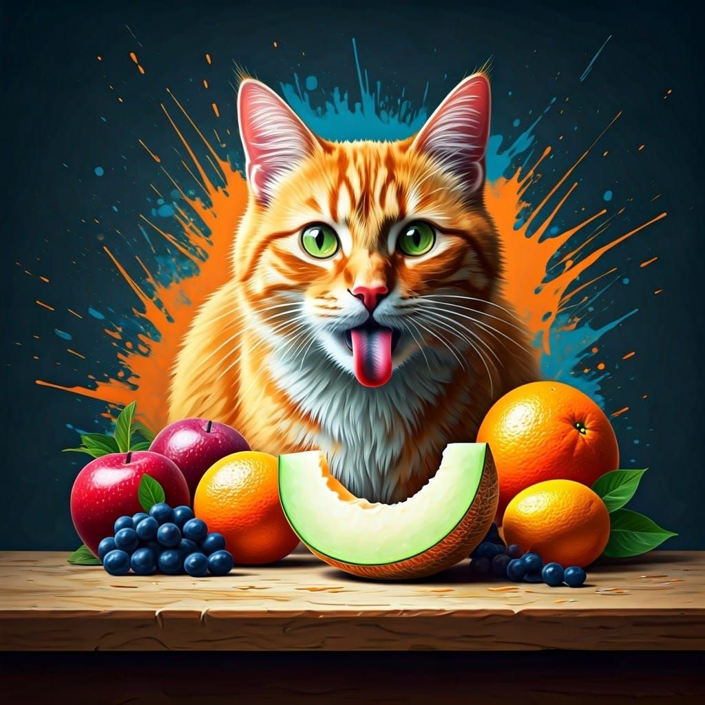 Vibrant Orange Cat in Graffiti Art Style with Juicy Fruits