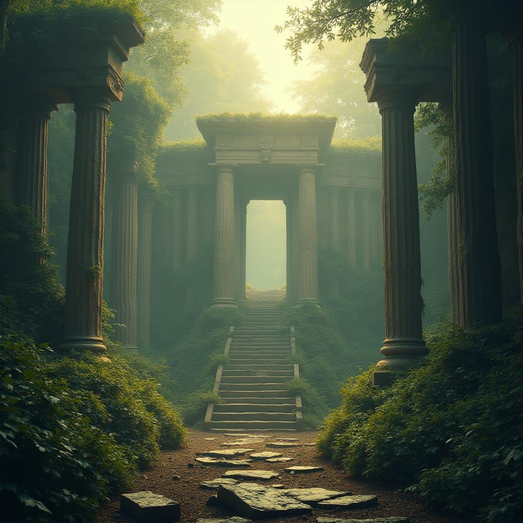 Epic Ancient Temple in Shrouded Forest, Concept Art Style