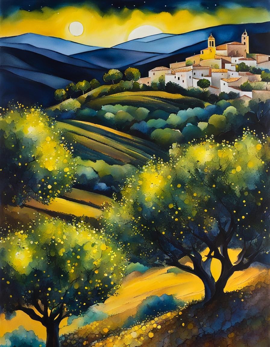 Moonlit Lemon Trees on Spanish Hillside