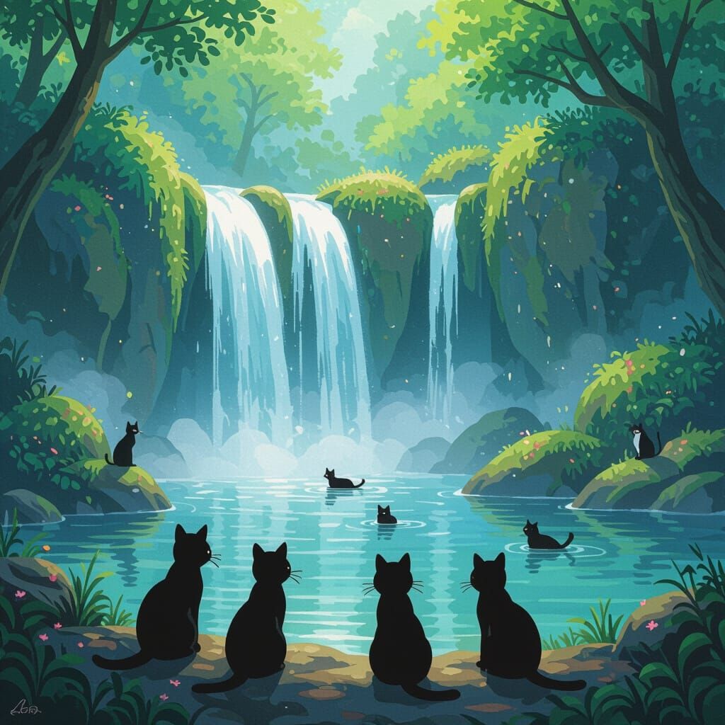 Cats by Waterfalls in Dreamy Anime Style