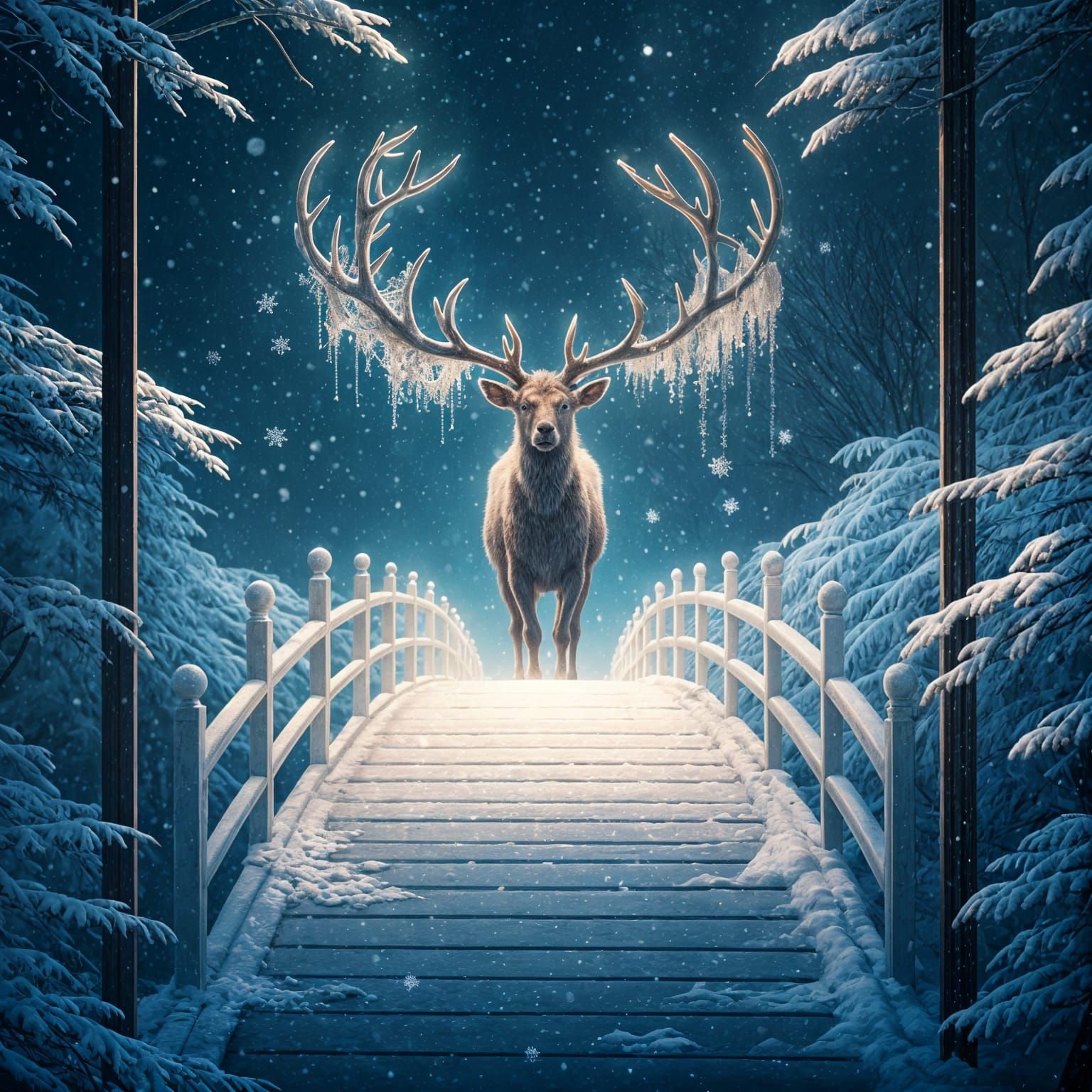 Ethereal Winter Creature on Opal Bridge, Anime Style