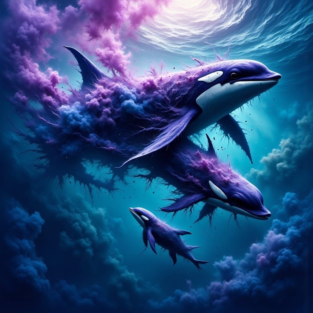 Majestic Orca Mother and Calf Swim in Vibrant Otherworldly O...