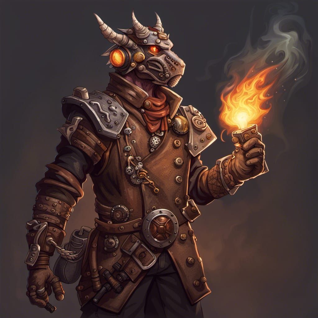 Dragonborn Artificer with Fire Pistol and Steampunk Engine