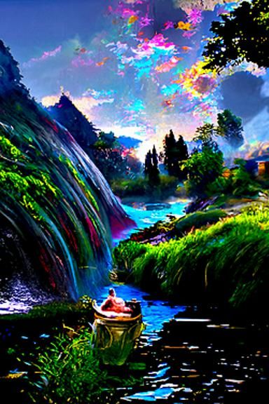 River Baptism: Surreal Hyperrealistic Art in Kinkade Style