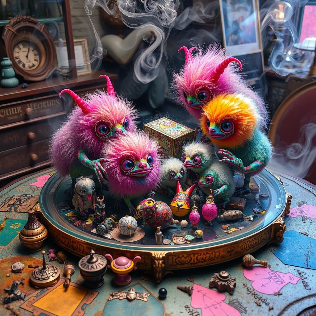 Iridescent Creatures Gather on Glass Tabletop