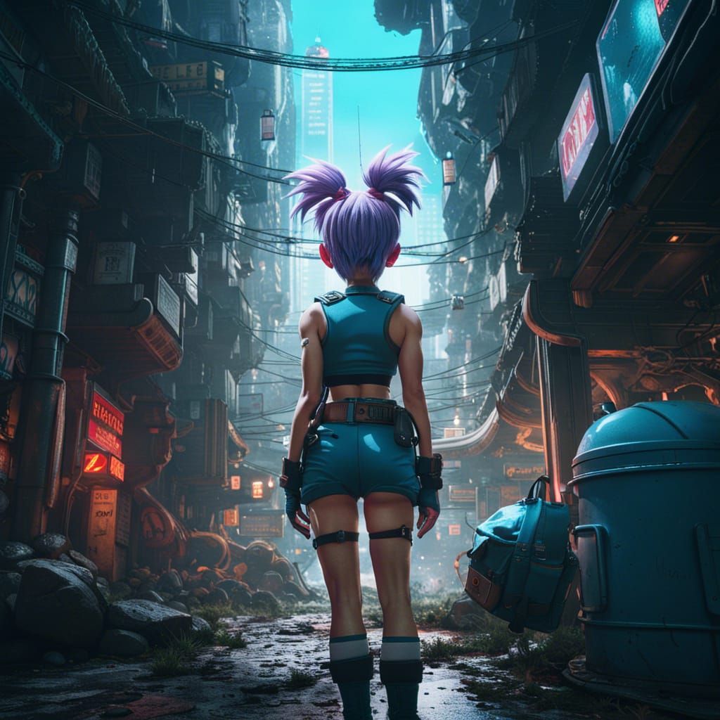 Bulma Hiding From Beast in Cyberpunk Style