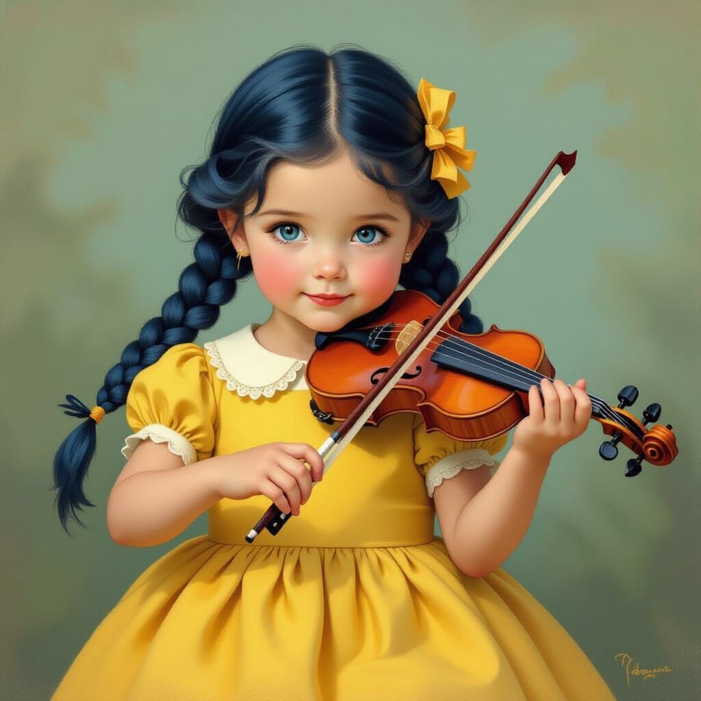 Girl with Blue Hair Playing Violin, Whimsical Style