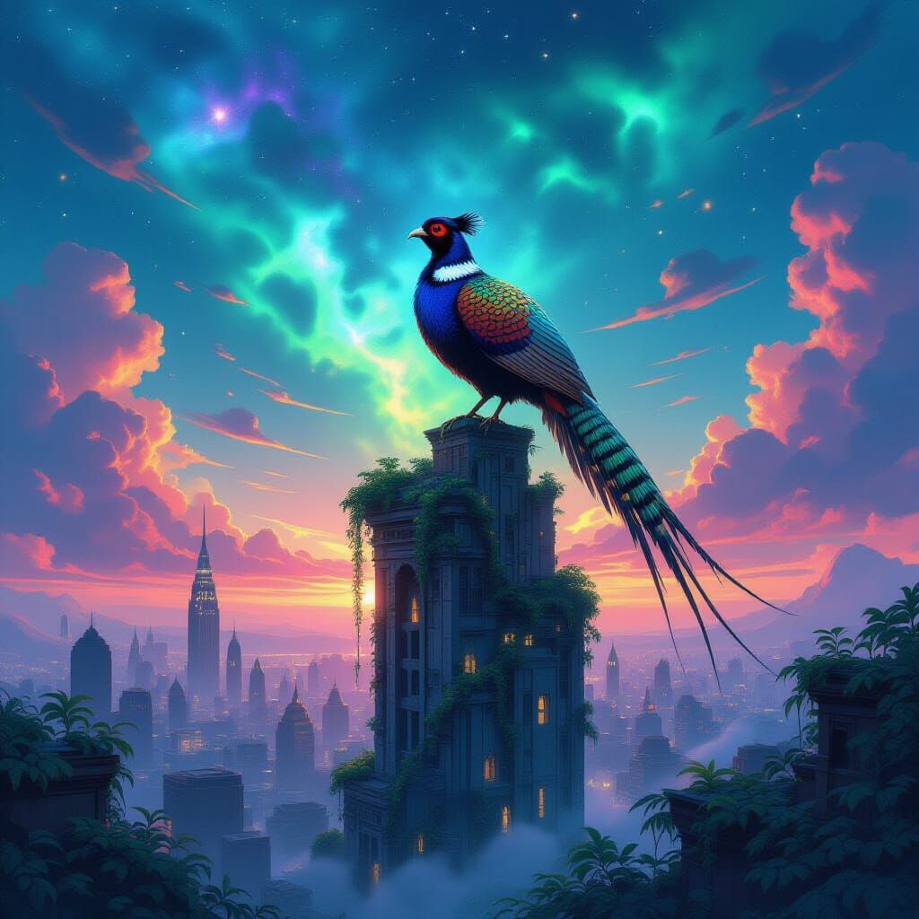 Bioluminescent Crystal Pheasant on Ruined Skyscraper