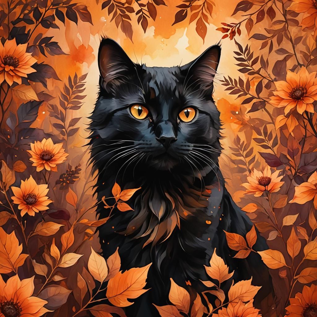 Alcohol Ink Black Cat with Dahlias in Digital Illustration