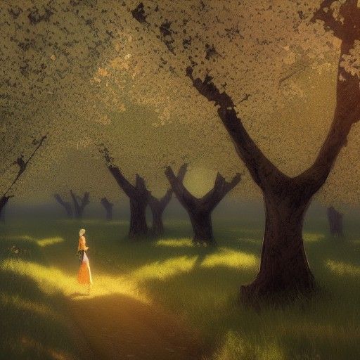 Orchard Scene with Woman, Hyperdetailed Lighting