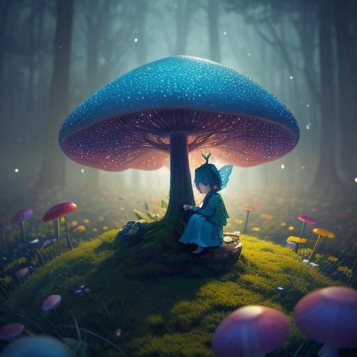 Fairy on Mushroom: Hyperrealistic Macro Photography