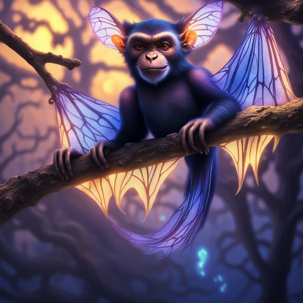 Monkey Bat Perched in a Bioluminescent Tree