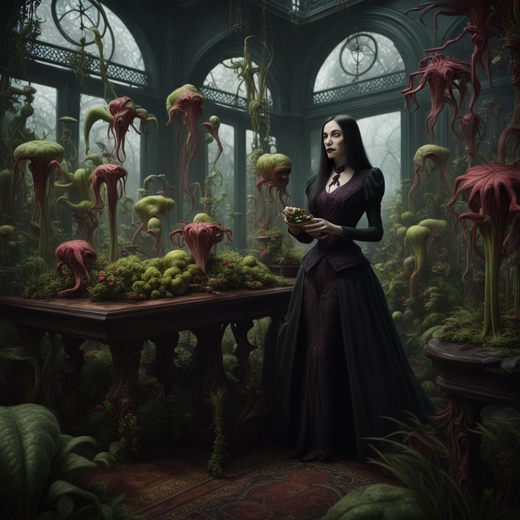 Morticia Addams and Lovecraftian Plants in Conservatory