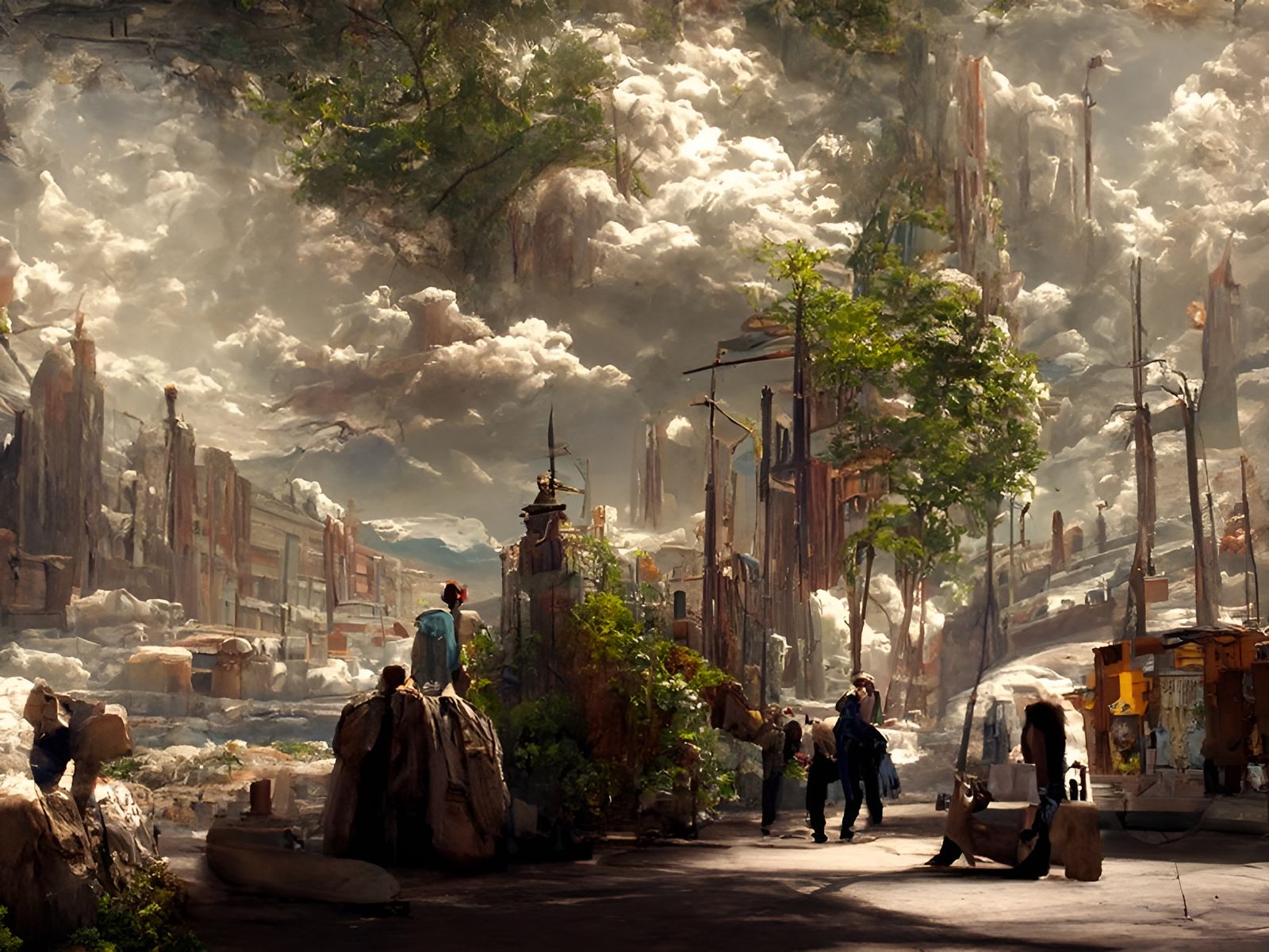Utopian Seattle Street Scene as Oil Painting