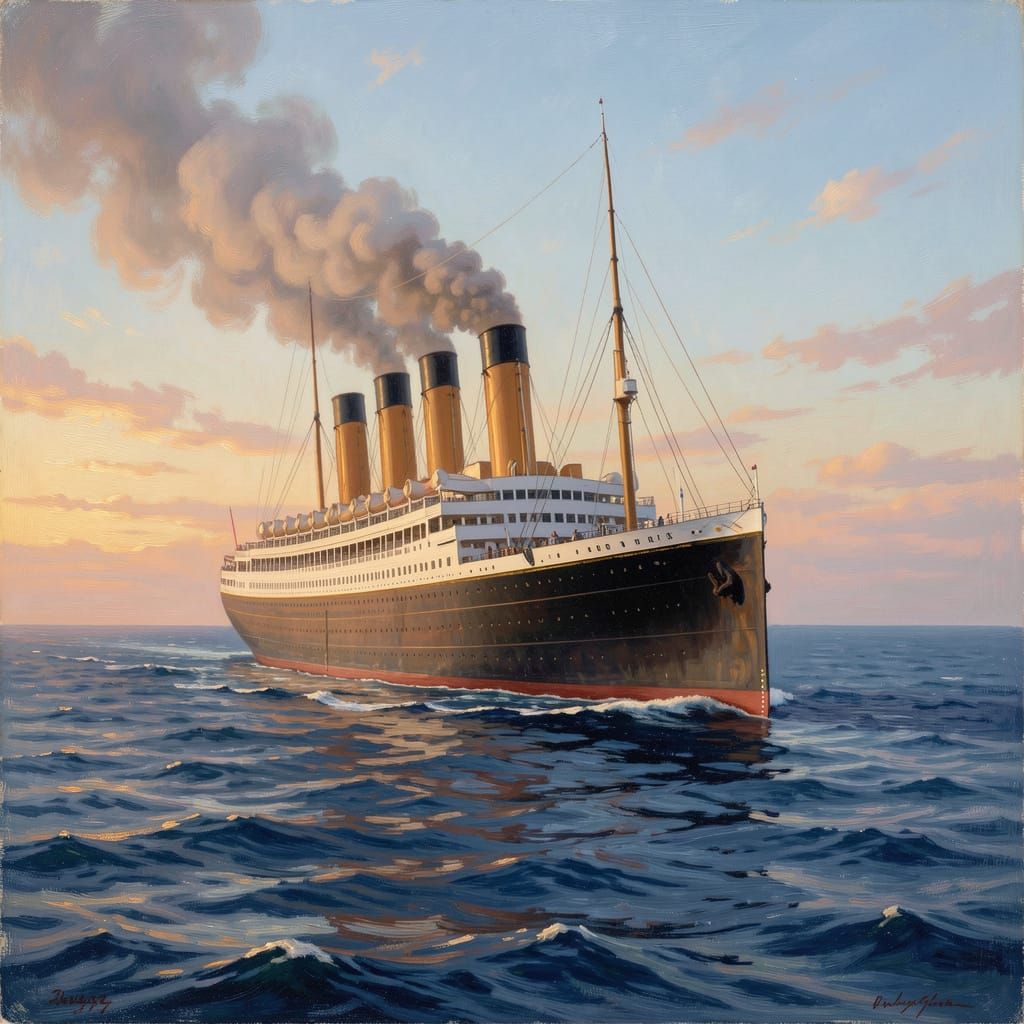 Titanic Sailing at Dawn in Romantic Realism Style