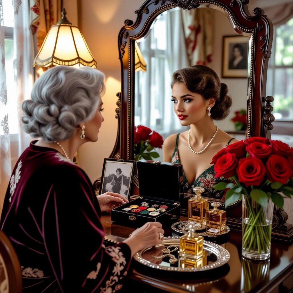 Elderly Woman's Reflection Shows Youthful Self