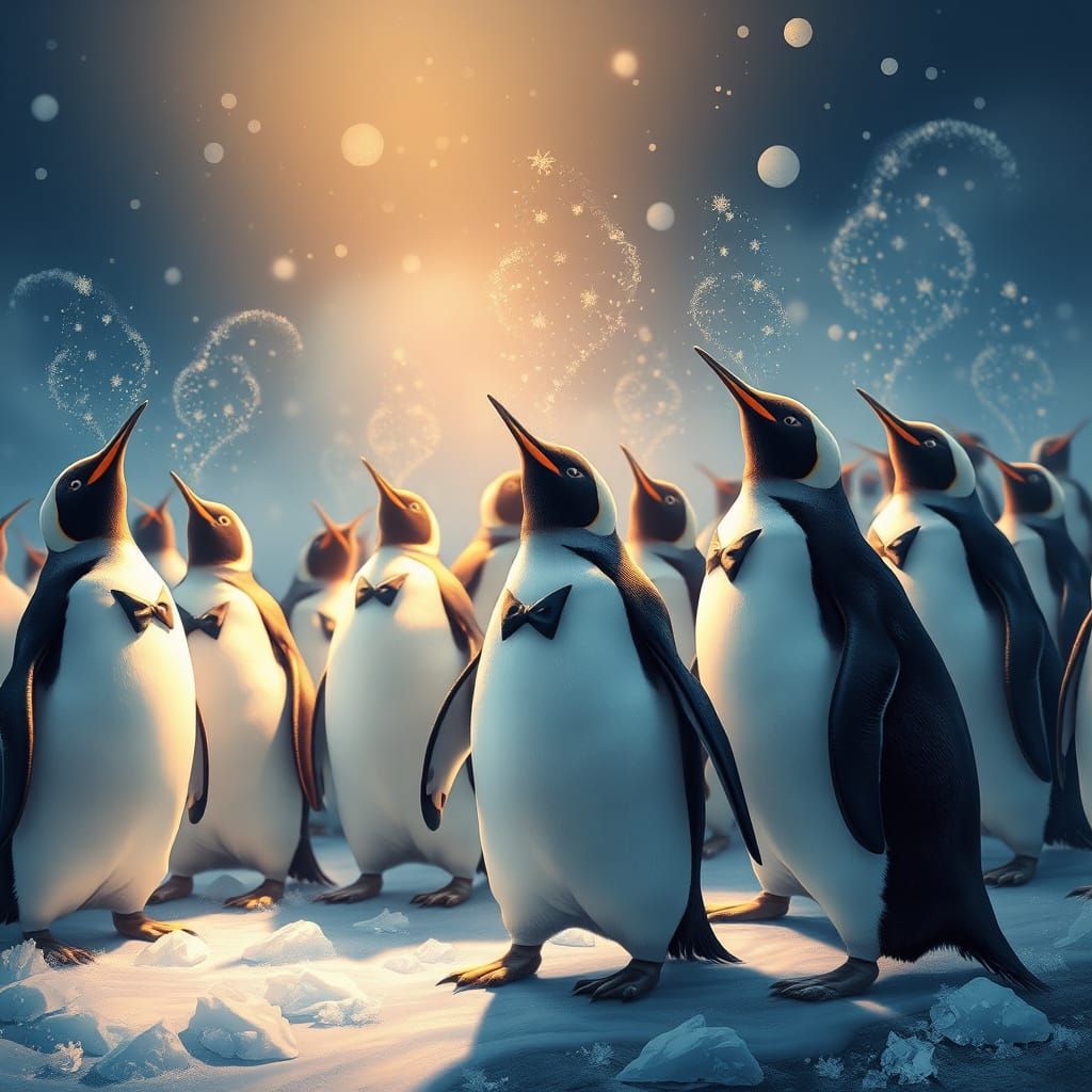 Whimsical Penguin Army in Dreamlike Antarctic Landscape