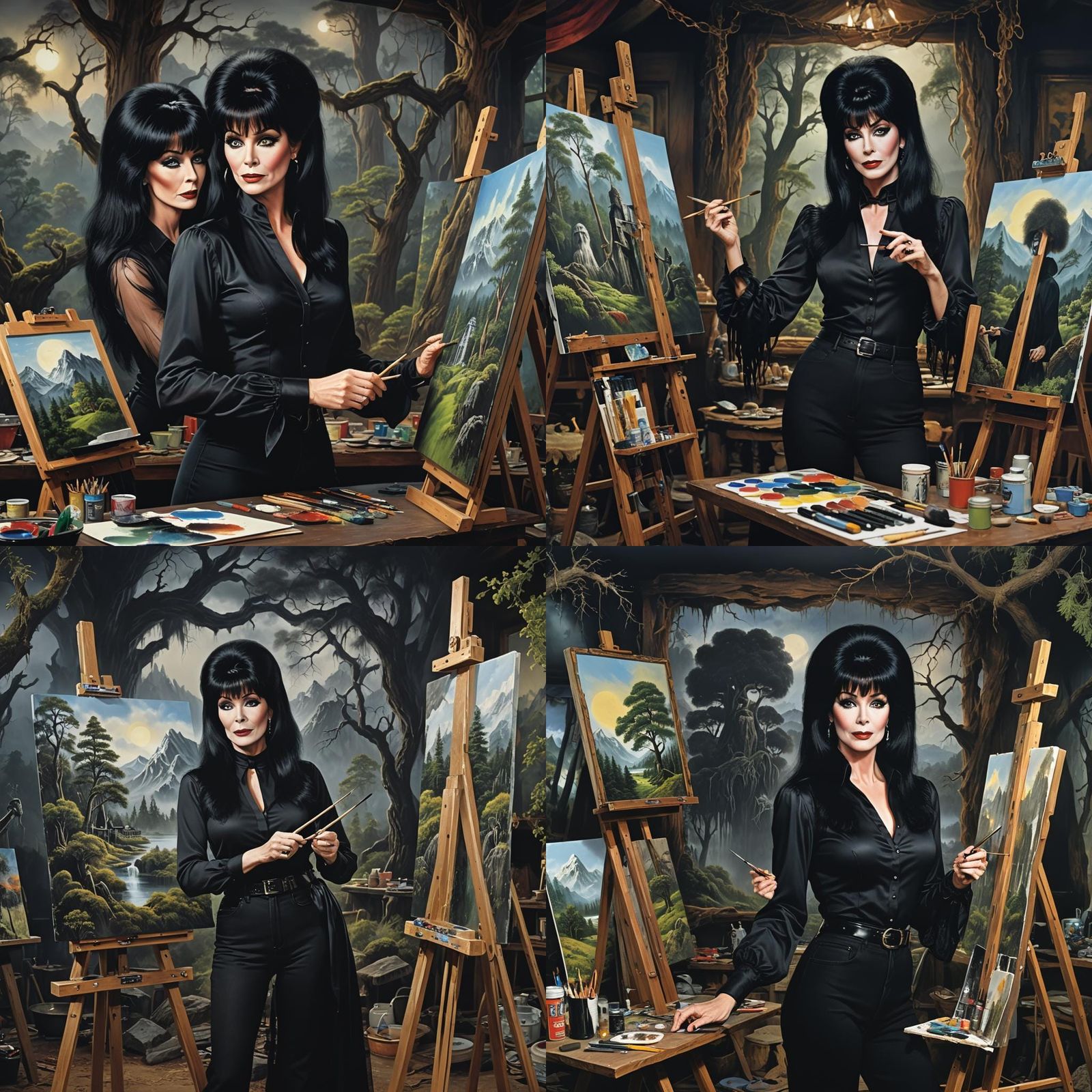 Elvira Mistress of the Dark, wearing a REVEALING black blouse while painting Bob Ross