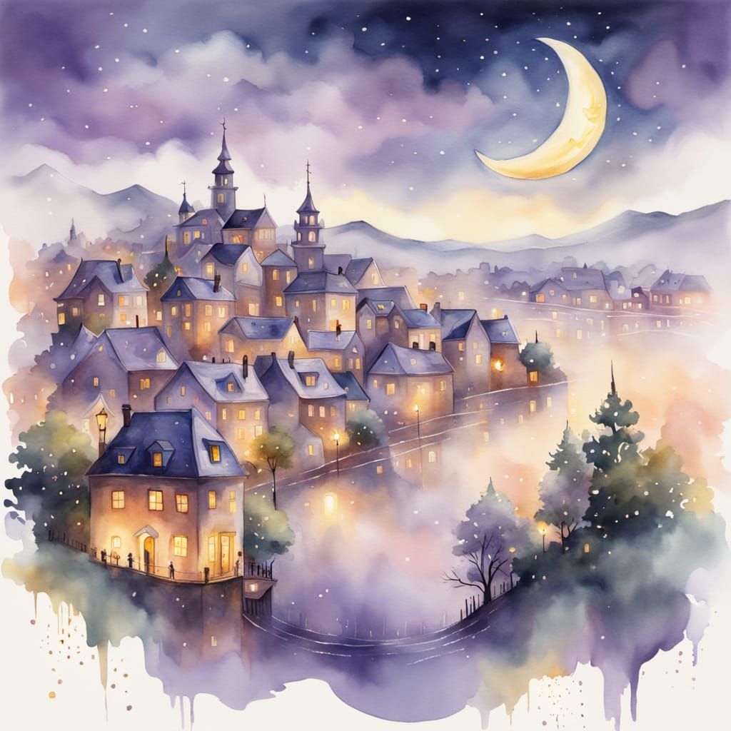 Dreamy Moonlit Town in Pastel Watercolor Oil Style