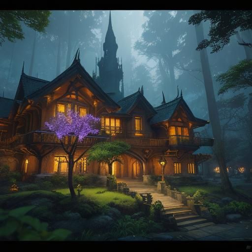 Fantasy Village Surrounded by Towering Trees